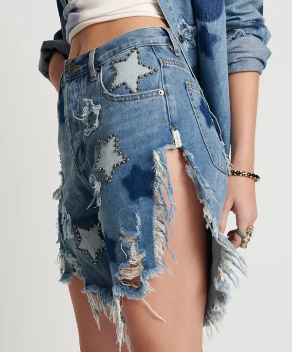 ONE TEASPOON Johnny Blue Star High Waist Frankies Long Length Denim Shorts | Women Denim Shorts