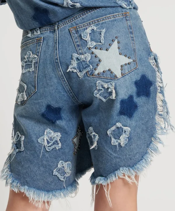 ONE TEASPOON Johnny Blue Star High Waist Frankies Long Length Denim Shorts | Women Denim Shorts