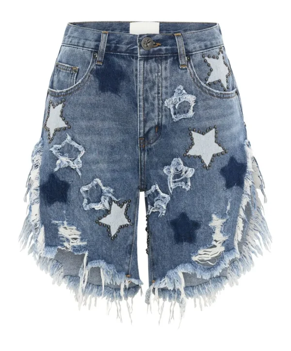 ONE TEASPOON Johnny Blue Star High Waist Frankies Long Length Denim Shorts | Women Denim Shorts