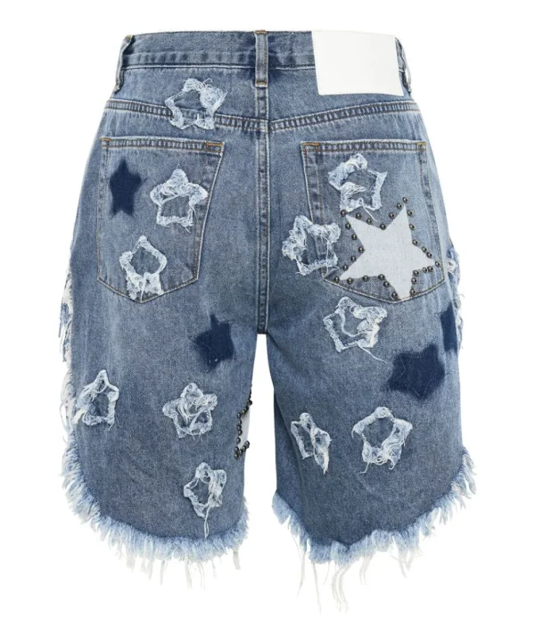 ONE TEASPOON Johnny Blue Star High Waist Frankies Long Length Denim Shorts | Women Denim Shorts