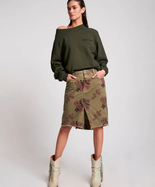 ONE TEASPOON Khaki Hibiscus Longline Trucker Mid Waist Denim Skirt | Women Denim Skirts