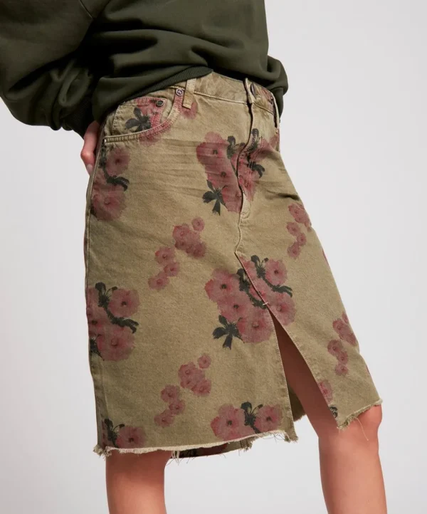 ONE TEASPOON Khaki Hibiscus Longline Trucker Mid Waist Denim Skirt | Women Denim Skirts