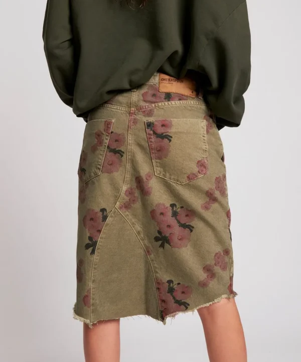 ONE TEASPOON Khaki Hibiscus Longline Trucker Mid Waist Denim Skirt | Women Denim Skirts