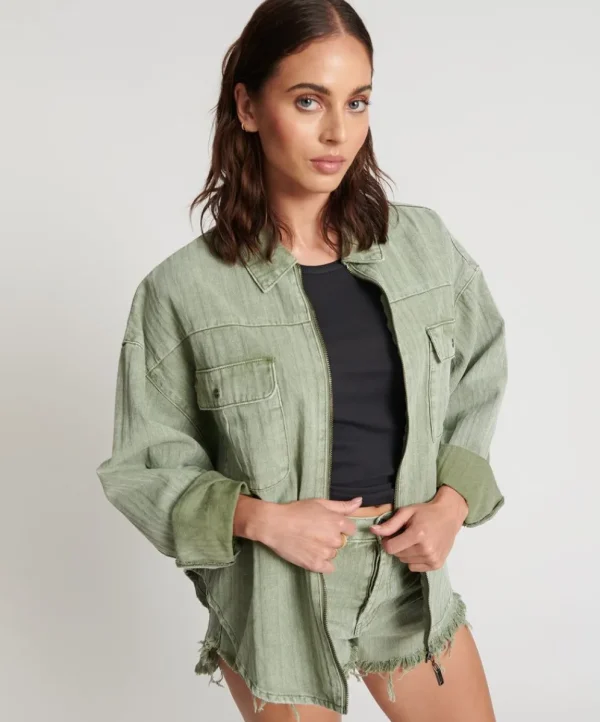 ONE TEASPOON Khaki Logo Jacquard Daria Shacket | Women Shirts