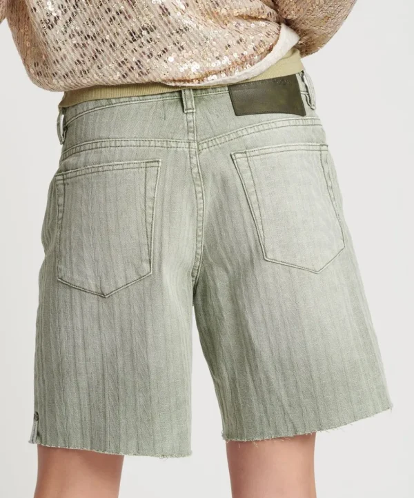 ONE TEASPOON Khaki Logo Jacquard Jackson Mid Waist Wide Leg Shorts | Women Denim Shorts