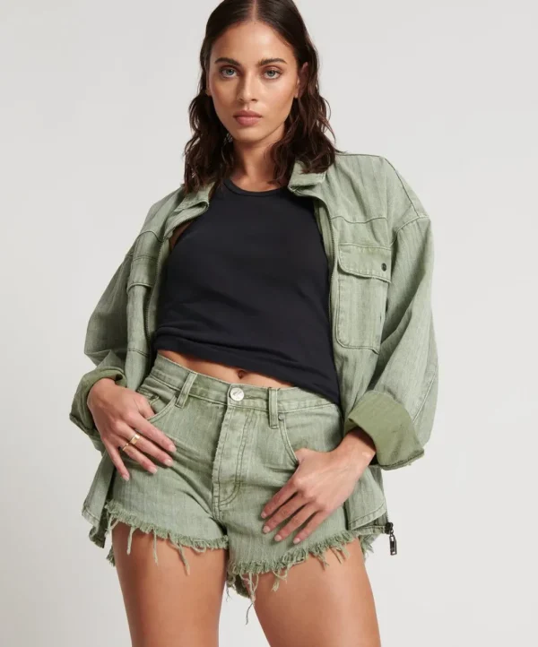 ONE TEASPOON Khaki Logo Jacquard Outlaws Mid Waist Denim Shorts | Women Denim Shorts