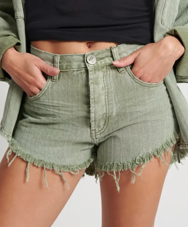 ONE TEASPOON Khaki Logo Jacquard Outlaws Mid Waist Denim Shorts | Women Denim Shorts