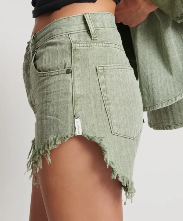 ONE TEASPOON Khaki Logo Jacquard Outlaws Mid Waist Denim Shorts | Women Denim Shorts