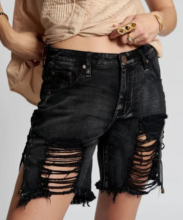 ONE TEASPOON Lace Up Stevies Long Length Boyfriend Shorts | Women Denim Shorts