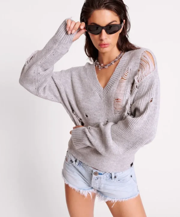 ONE TEASPOON Laddered V-Neck Distressed Sweater | Women Knitwear