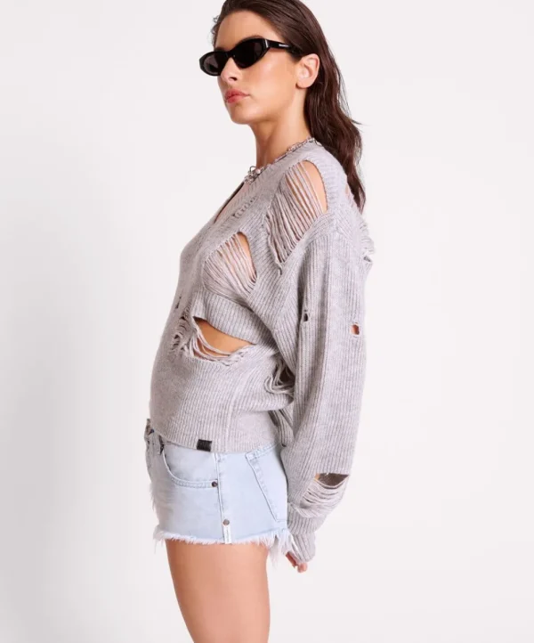 ONE TEASPOON Laddered V-Neck Distressed Sweater | Women Knitwear