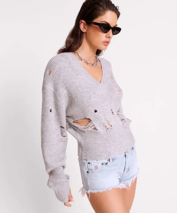 ONE TEASPOON Laddered V-Neck Distressed Sweater | Women Knitwear