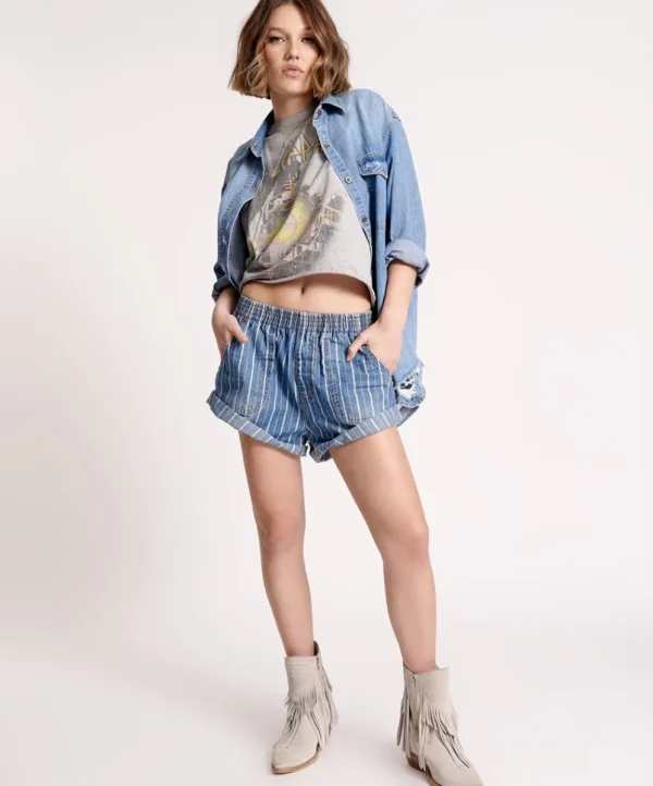 ONE TEASPOON Le Stripe Hunters Mid Waist Relaxed Shorts | Women Denim Shorts