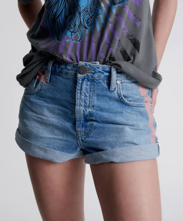 ONE TEASPOON Linear Blue Bandits Mid Waist Denim Shorts | Women Denim Shorts