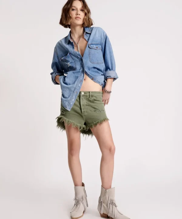 ONE TEASPOON Military Khaki Outlaws Mid Length Denim Shorts | Women Denim Shorts