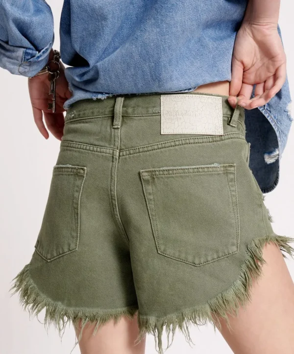 ONE TEASPOON Military Khaki Outlaws Mid Length Denim Shorts | Women Denim Shorts