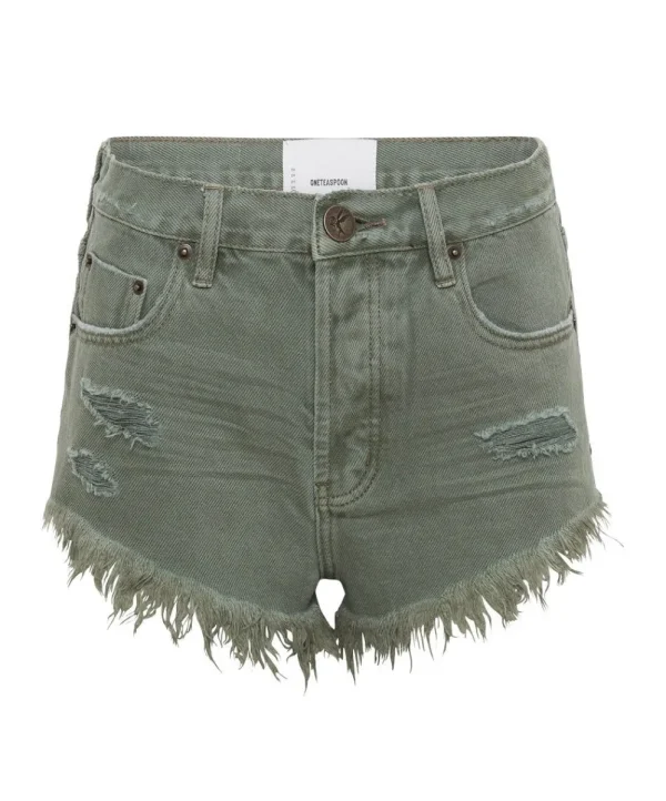 ONE TEASPOON Military Khaki Outlaws Mid Length Denim Shorts | Women Denim Shorts