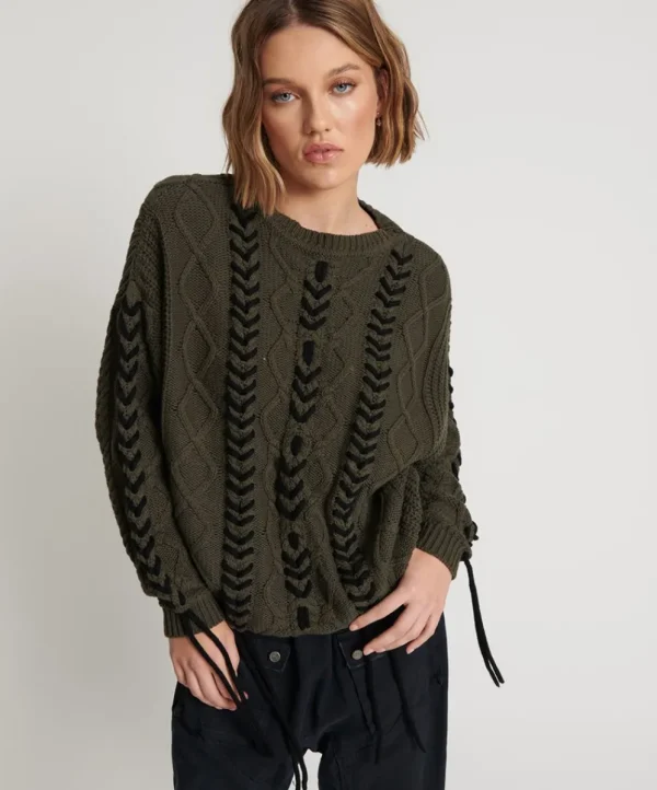 ONE TEASPOON Military Khaki Threaded Cable Sweater | Women Knitwear