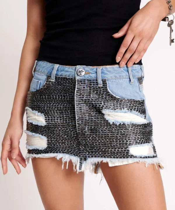 ONE TEASPOON Railed Sequin Junkyard Low Waist Denim Skirt | Women Denim Skirts