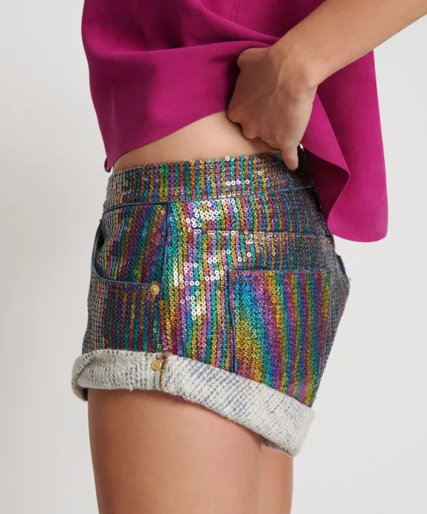 ONE TEASPOON Rainbow Sequin Bandits Low Waist Denim Shorts | Women Denim Shorts