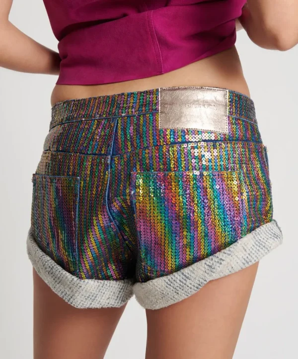 ONE TEASPOON Rainbow Sequin Bandits Low Waist Denim Shorts | Women Denim Shorts