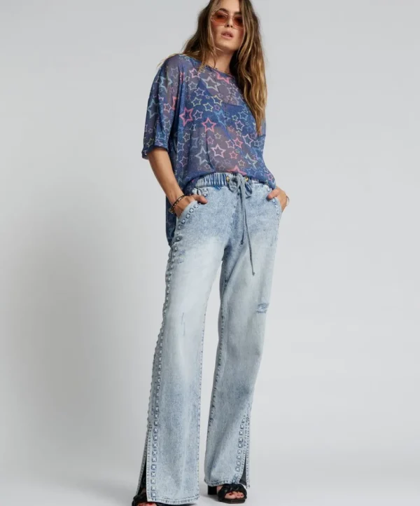 ONE TEASPOON Riveted Roadhouse Wide Leg Drawstring Jeans | Women Denim Jeans