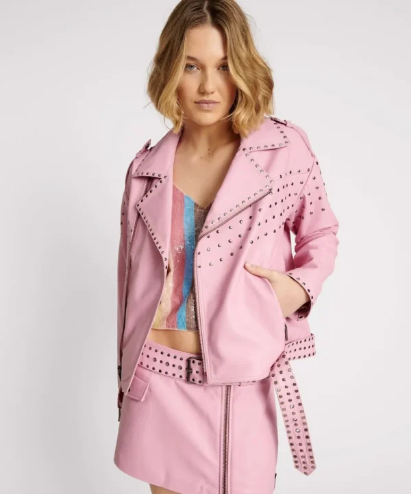 ONE TEASPOON Rizzo Pink Studded Leather Moto Jacket | Women Leather Jackets