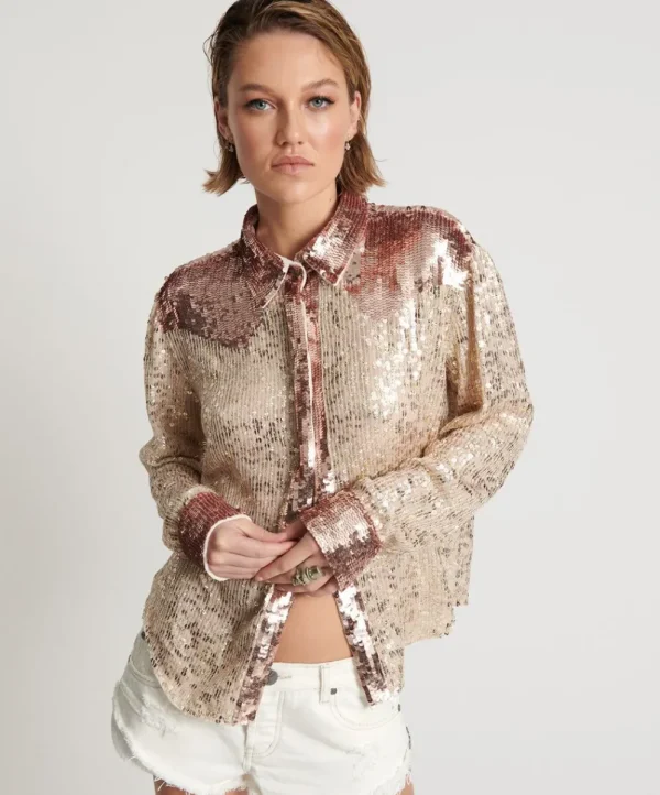 ONE TEASPOON Rose Gold Hand Sequin Western Shirt | Women Shirts