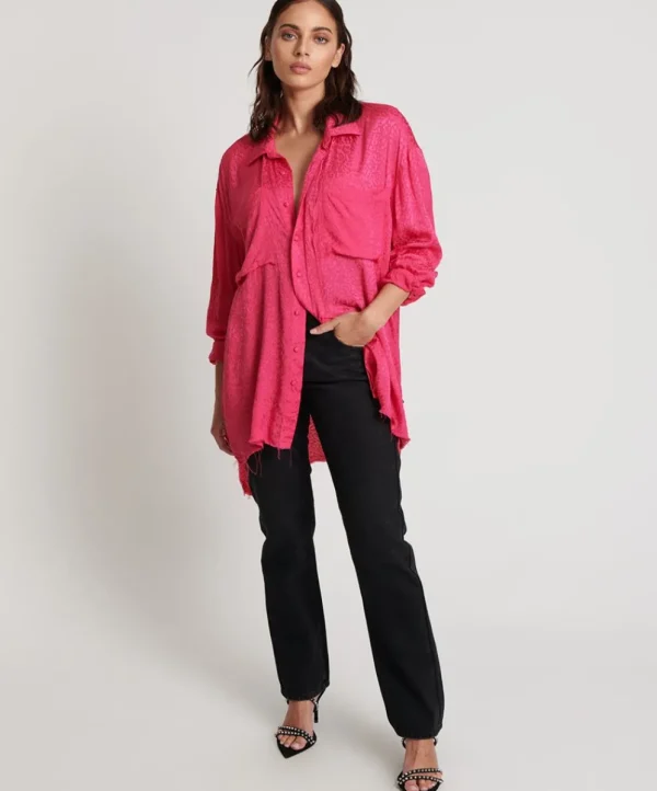 ONE TEASPOON Shocking Pink Jacquard Longline Shirt | Women Shirts