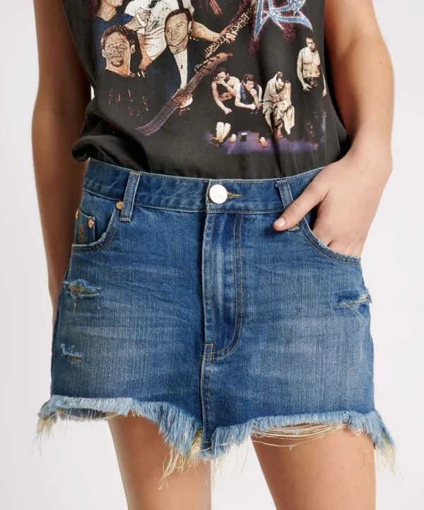 ONE TEASPOON Shredded Gold Junkyard Denim Skirt | Women Denim Skirts