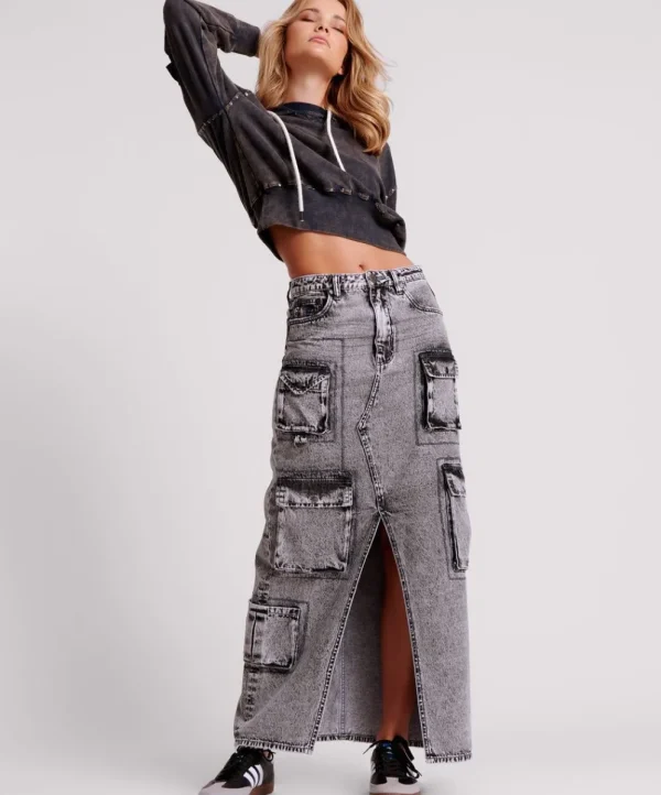 ONE TEASPOON Slate Acid 90S Cargo Pocket Column Denim Skirt | Women Denim Skirts