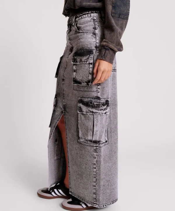 ONE TEASPOON Slate Acid 90S Cargo Pocket Column Denim Skirt | Women Denim Skirts