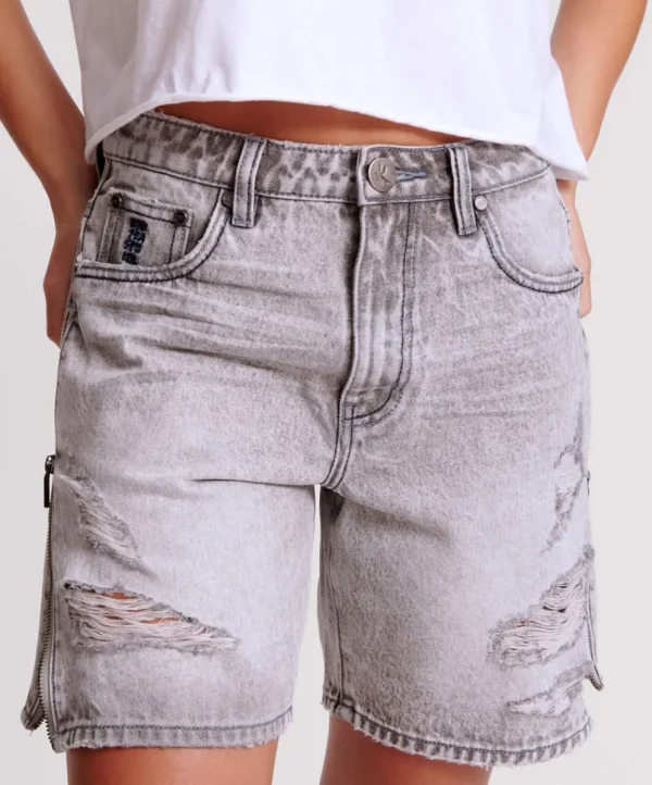 ONE TEASPOON Slate Acid Zipped Up Jackson Mid Waist Wide Leg Shorts | Women Denim Shorts