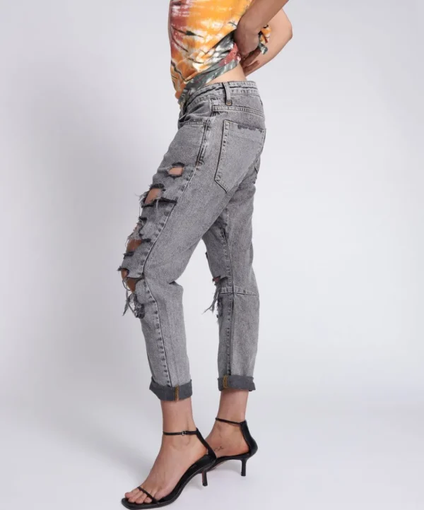 ONE TEASPOON Soft Grey Trashed Saints Boyfriend Jeans | Women Denim Jeans