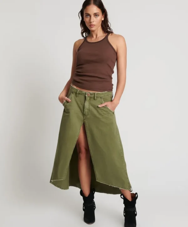 ONE TEASPOON St Khaki Mrs Carter Long Denim Skirt | Women Denim Skirts