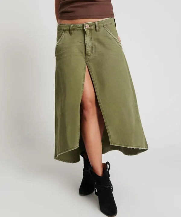 ONE TEASPOON St Khaki Mrs Carter Long Denim Skirt | Women Denim Skirts