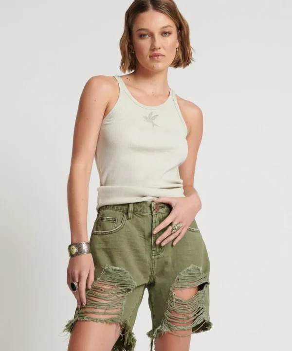 ONE TEASPOON St Khaki Stevies High Waist Long Length Boyfriend | Women Denim Shorts