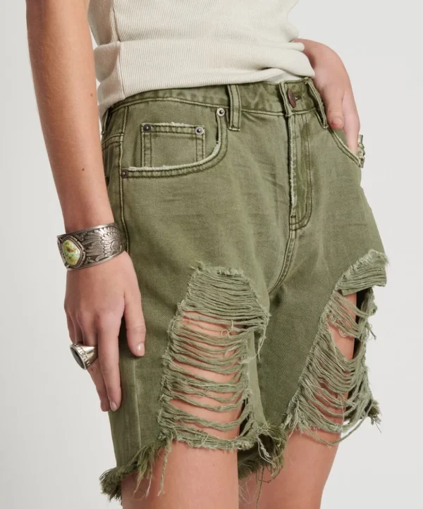 ONE TEASPOON St Khaki Stevies High Waist Long Length Boyfriend | Women Denim Shorts