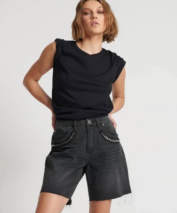 ONE TEASPOON Storm Grey Jackson Mid Waist Wide Leg Shorts | Women Denim Shorts