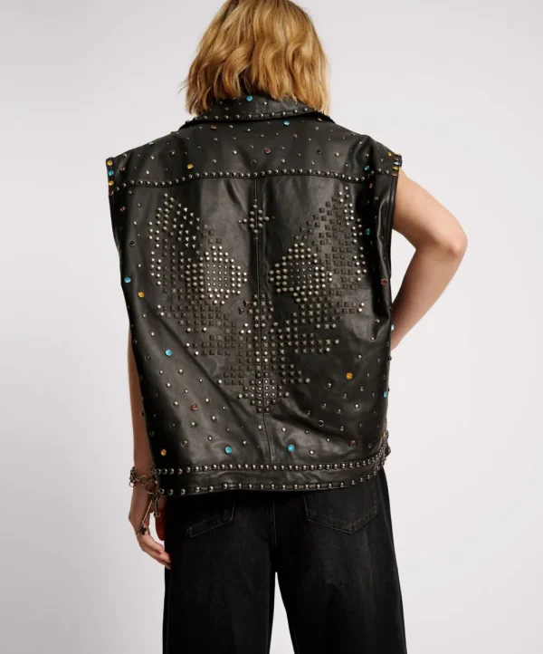 ONE TEASPOON Studded Jewel Leather Eagle Punk Sleeveless Jacket | Women Leather Jackets