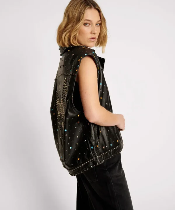 ONE TEASPOON Studded Jewel Leather Eagle Punk Sleeveless Jacket | Women Leather Jackets