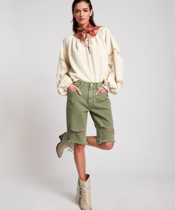 ONE TEASPOON Super Khaki Cut Off Truckers Mid Waist Long Length Shorts | Women Denim Shorts