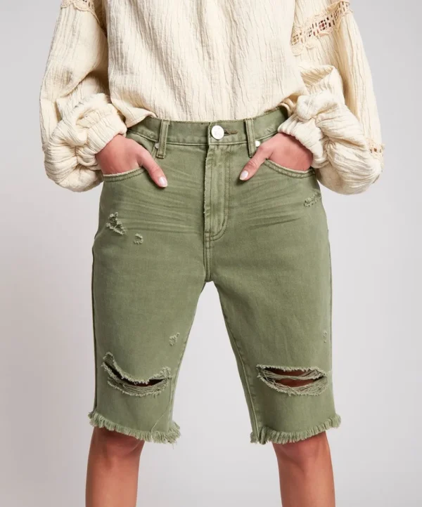 ONE TEASPOON Super Khaki Cut Off Truckers Mid Waist Long Length Shorts | Women Denim Shorts