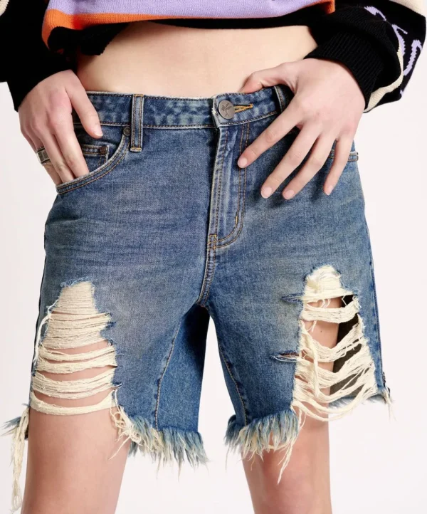 ONE TEASPOON Used Blue Stevies Long Length Boyfriend Shorts | Women Denim Shorts