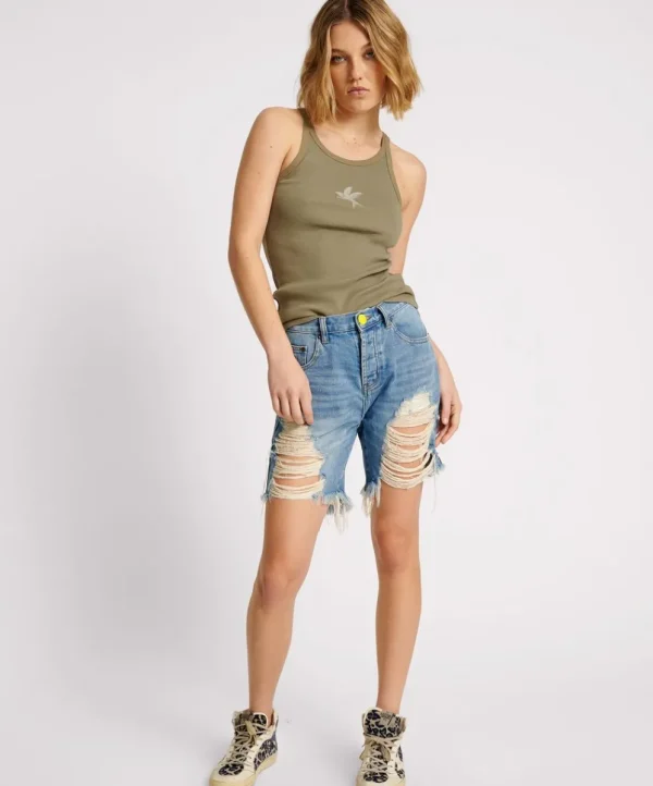 ONE TEASPOON Washed Khaki Rib Singlet | Women Tees & Tanks