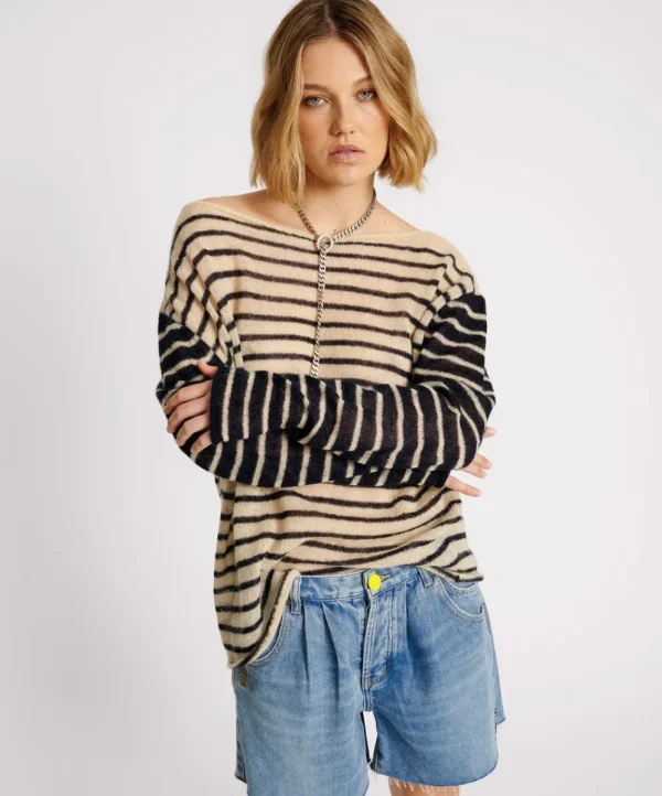 ONE TEASPOON Wide Neck Striped Mohair Sweater | Women Tops