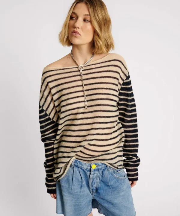 ONE TEASPOON Wide Neck Striped Mohair Sweater | Women Tops