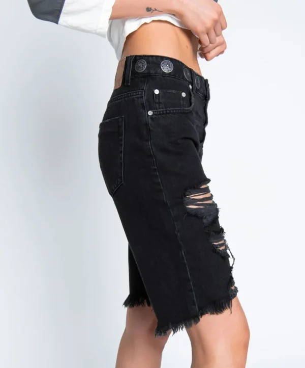 ONE TEASPOON Worn Black Concho Cut Off Truckers Mid Waist Shorts | Women Denim Shorts