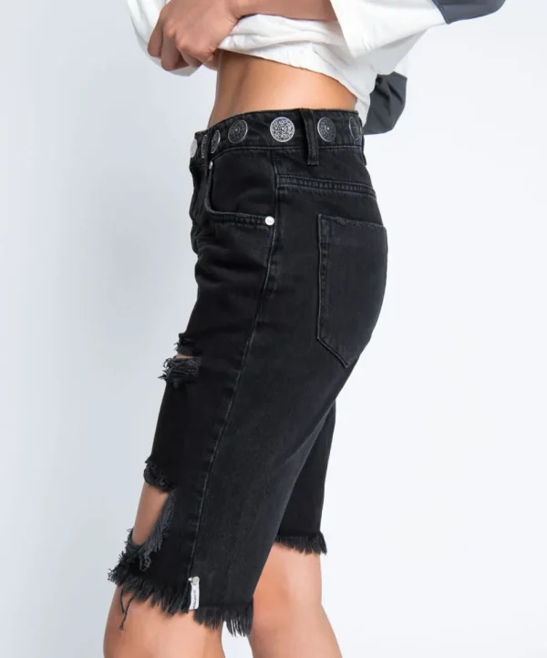 ONE TEASPOON Worn Black Concho Cut Off Truckers Mid Waist Shorts | Women Denim Shorts