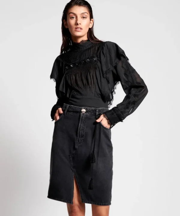 ONE TEASPOON Worn Black Trucker Mid Waist Long Length Skirt | Women Denim Skirts